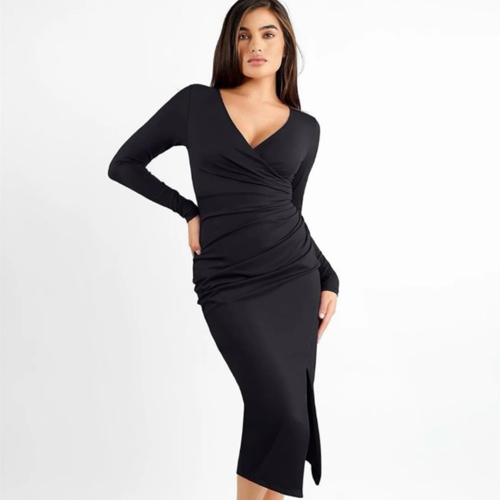POPILUSH Shapewear Black Ruched Long Sleeve Faux Wrap Slimming Midi Dress